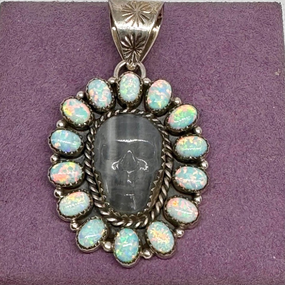Vintage Sterling Silver Carved Quartz and Fire Opal Skull Pendant
